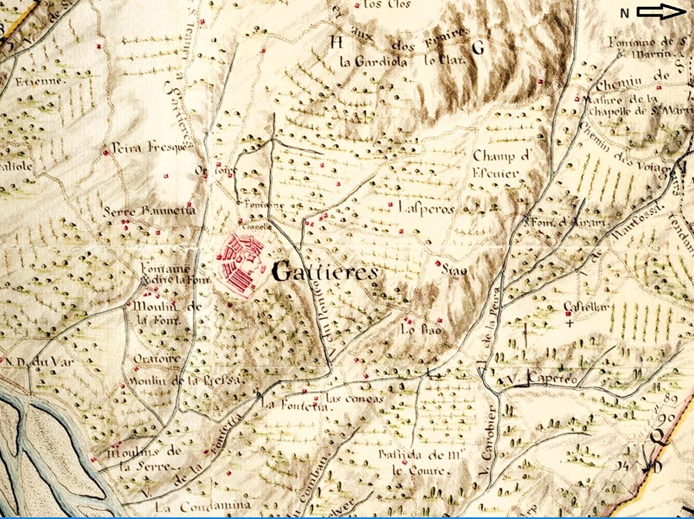 Plan topographique du cours du Var (entre Bonson et la mer). [Détail : Gattières, 1759]. 