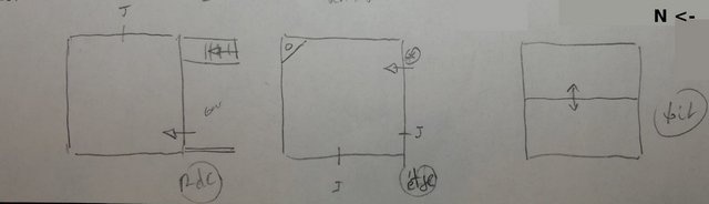 Plans schématiques du bâtiment. De gauche à droite : rez-de-chaussée, étage, toit.