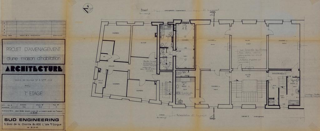 Projet d'aménagement d'une maison, maître de l'ouvrage Mr et Mme Juge, 1er étage, [annoté par l'architecte], 1978.