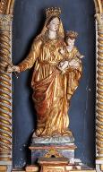 Statue (petite nature) et socle-reliquaire : Vierge à l'Enfant avec couronnes de statues et sceptre
