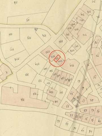 Plan de masse d'après le plan cadastral de 1839, section F1. Echelle d'origine 1/1000e.