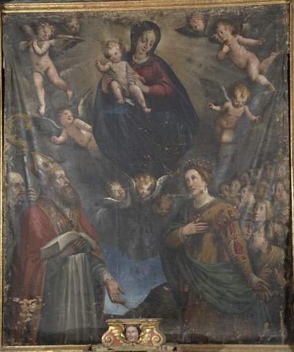 tableau d'autel : Saint Blaise et sainte Ursule aux pieds de la Vierge à l'Enfant