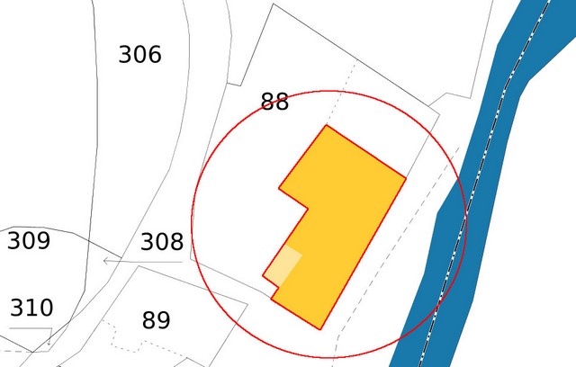 Plan de masse d'après le cadastre de 2021, section 000A. Echelle d'origine 1/500e.