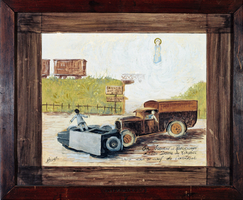 ex-voto, tableau : Collision entre une voiture automobile et un camion automobile