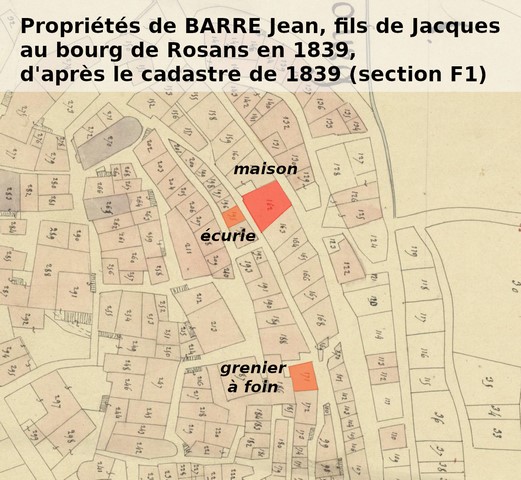 Propriétés de Jean Barre en 1839, reportées sur le cadastre de 1839 (section F1). Echelle d'origine 1/1 000e.