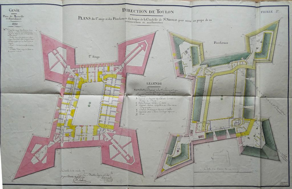 Plan [des différents niveaux] du donjon de la citadelle St Nicolas, pour servir au projet de sa restauration et amélioration, 1820. 1er étage et plateformes.