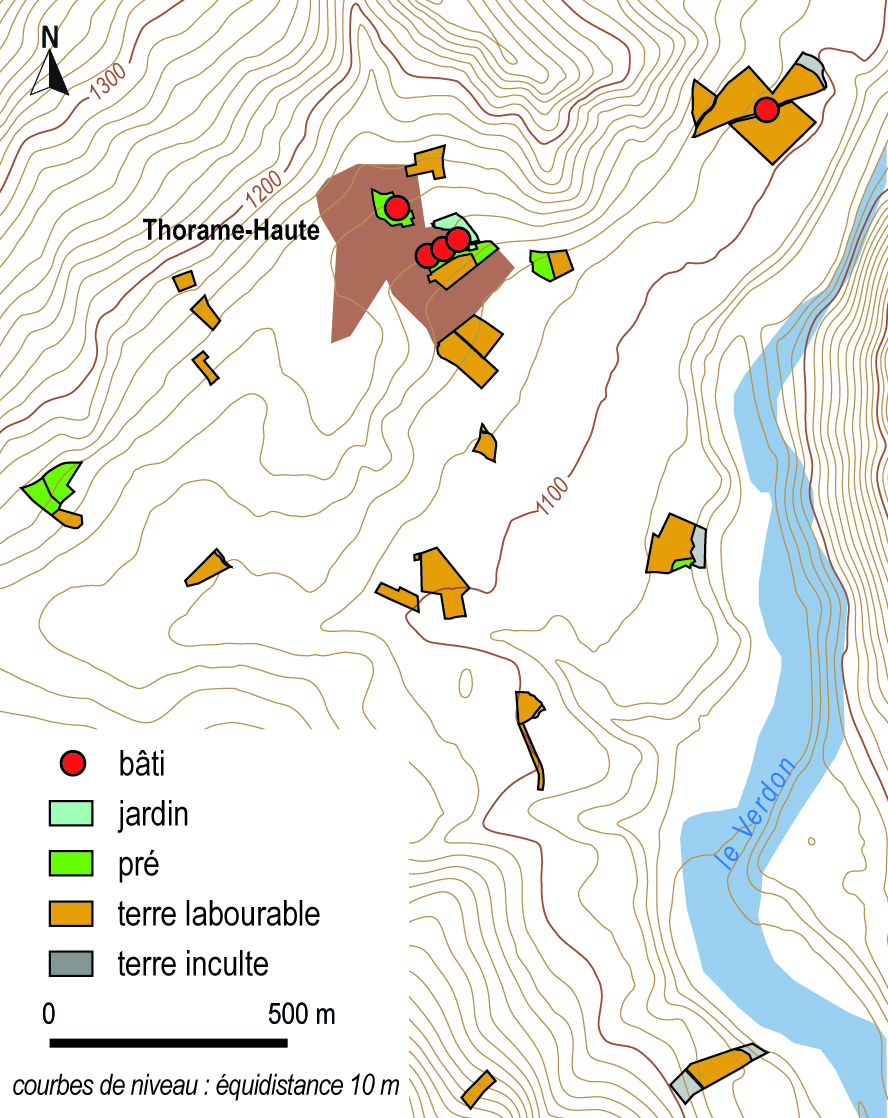 Etat et localisation de la propriété de Jean-Baptiste André Boyer à Thorame-Haute, d'après le cadastre de 1827.