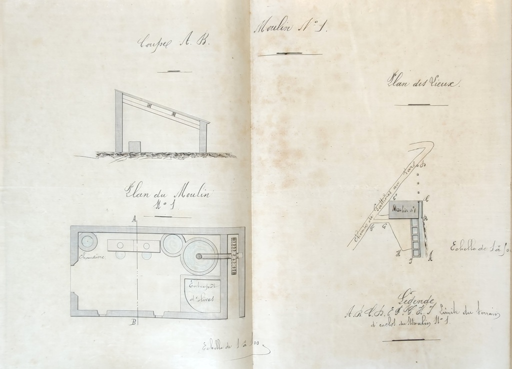 Moulin n°1. Coupe A.B. Plan du moulin. Plan des lieux. [Moulin dit de Labéou, parcelle 1833 C 1476, 2024 C 1197].