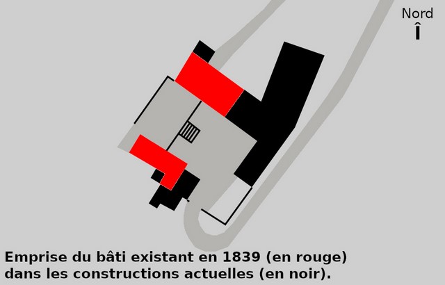 Emprise du bâti existant en 1839 (en rouge) dans les constructions actuelles (en noir).