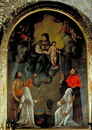 tableau (tableau d'autel) : la Vierge et l'enfant remettent une cordelière à 2 pénitents blancs