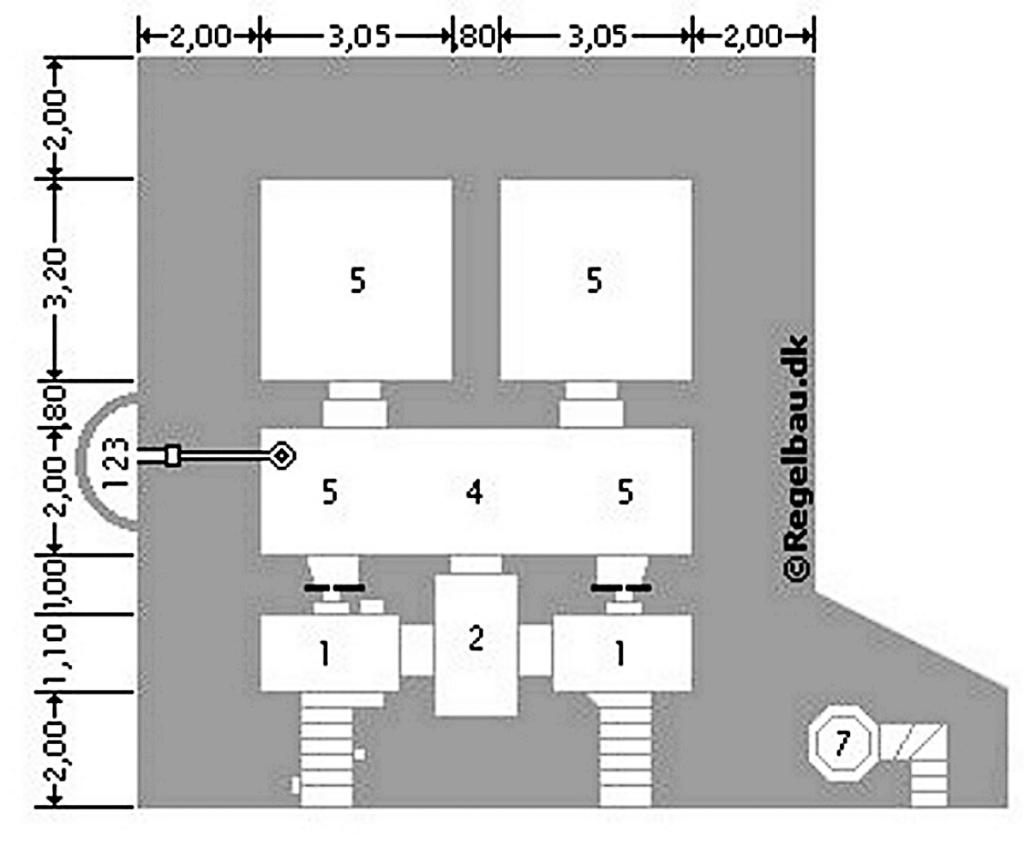 [Plan-type d'une casemate-abri passive Regelbau (L) 423a]. 1 : entrée, 2 : sas anti gaz ; 5 : dépôts de munition.