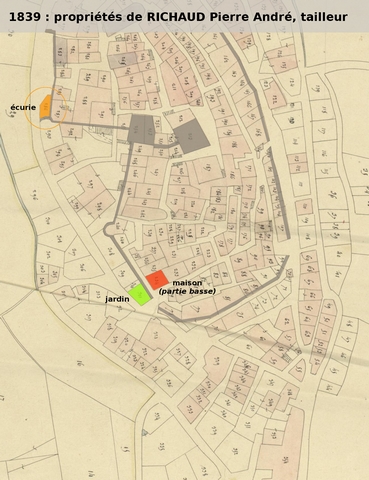 Propriétés du tailleur Pierre-André Richaud en 1839, reportées sur le cadastre de 1839 (section F1). Echelle d'origine 1/1 000e.