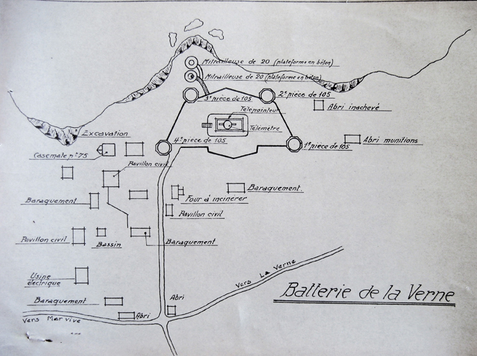 Batterie de la Verne [plan sommaire après les aménagements allemands de 1944]. vers 1945.