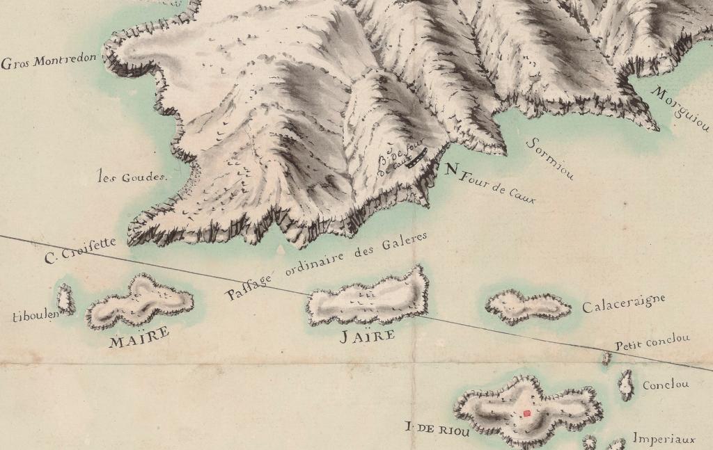 Carte d'une partie des côtes de Provence depuis l'embouchure du Rhône jusqu'au Cap de la Fauconnière, à l'Est de La Ciotat, 1740. Détail : la côte à l'est du Cap Croisette  : batterie du Four de Caux.