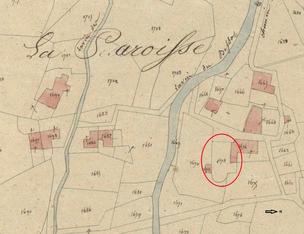 Plan de masse et de situation d'après le cadastre de 1843 (section F, parcelle 1673). Echelle d'origine 1/1000. 