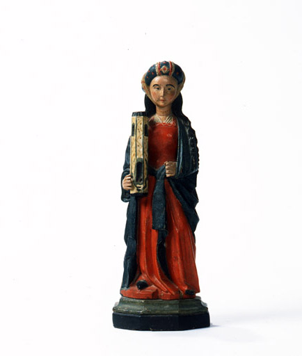 statues (3) (statuettes) : Vierge en présentation, Saint Antoine abbé, Sainte Barbe
