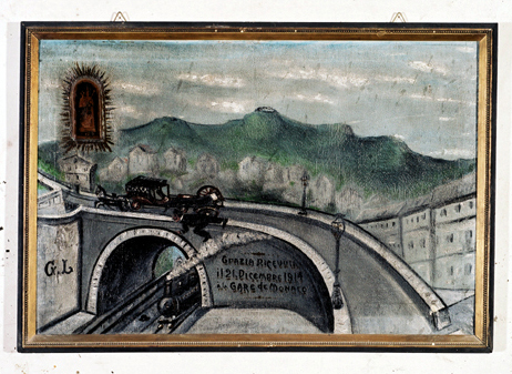 ex-voto, tableau : Chute d'un homme tombant d'une charrette par dessus un pont au moment où passe un train