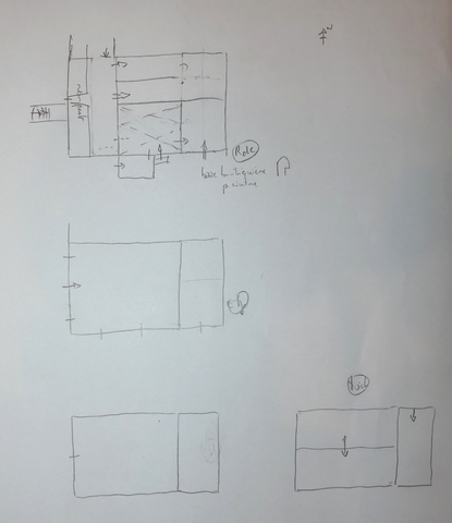 Plans schématiques du bâtiment. De haut en bas : rez-de-chaussée, étage, étage de comble, toit.