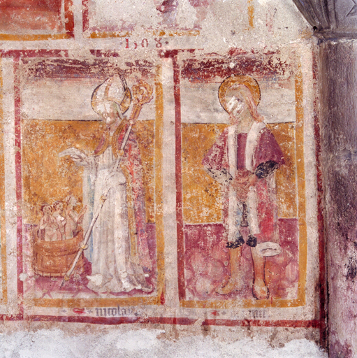 ensemble de peintures monumentales : Calvaire, Saint Claude, Sainte Marie Madeleine, Sainte Lucie, Vierge à l'Enfant et rosaire, Saint Nicolas, Saint Pancrace