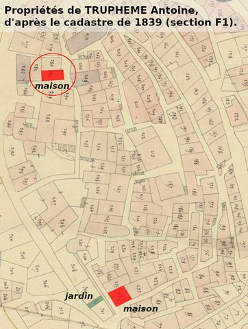 Propriétés de Antoine Truphême en 1839, reportées sur le cadastre de 1839 (section F1). Echelle d'origine 1/1 000e.