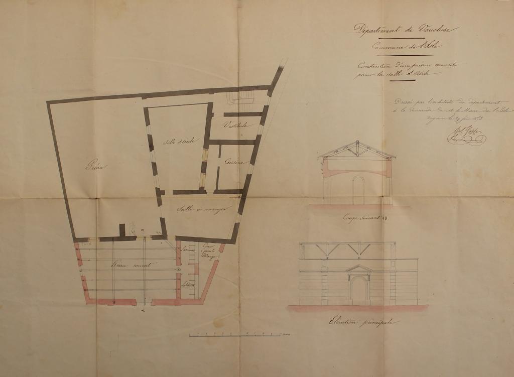 Construction d'un préau couvert pour la salle d'asile dans l'hospice de charité de L'Isle-sur-la-Sorgue, 1853. Echelle 1/100.