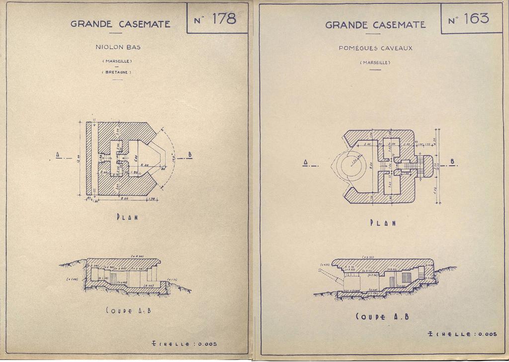 [Plans et coupes des casemates (Regelbau 272) des batteries de Niolon-Bas et de Caveaux],1946.