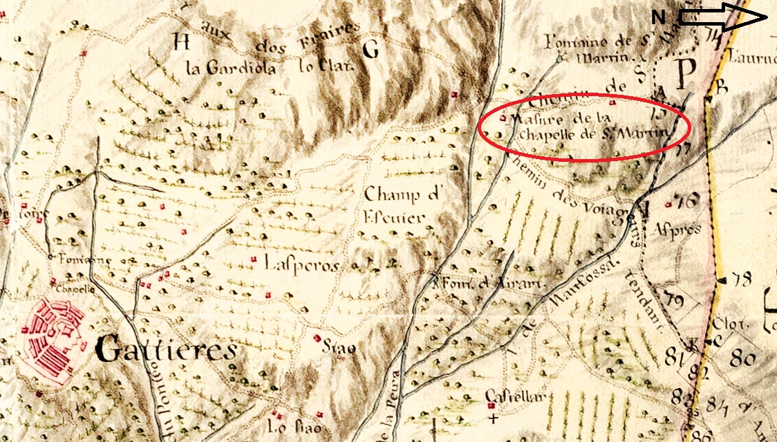 Plan topographique du cours du Var (entre Bonson et la mer). [Détail : Gattières, masure de la chapelle Saint-Martin, 1759.]. 