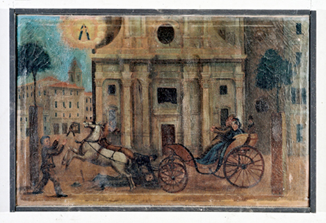 ex-voto, tableau : Accident de cabriolet à quatre roues devant une église