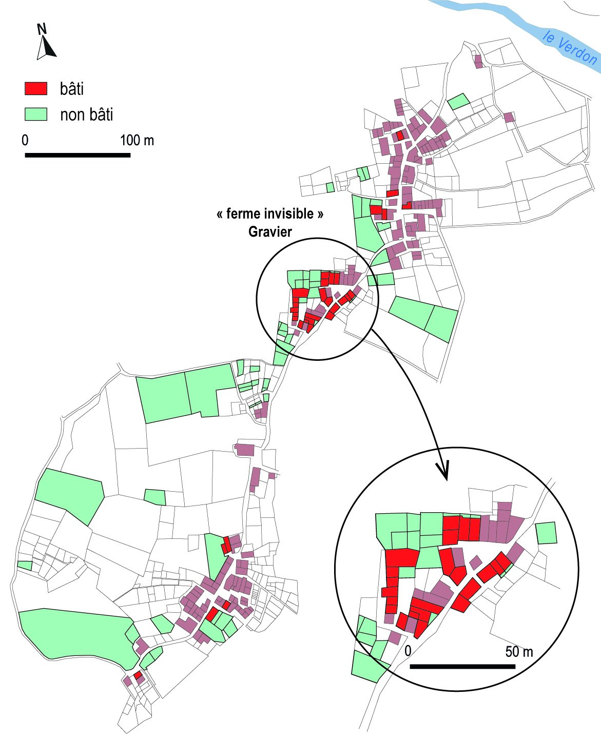 Carte 2. Villars-Colmars : implantation des propriétés de la famille Gravier, d'après le cadastre de 1827.