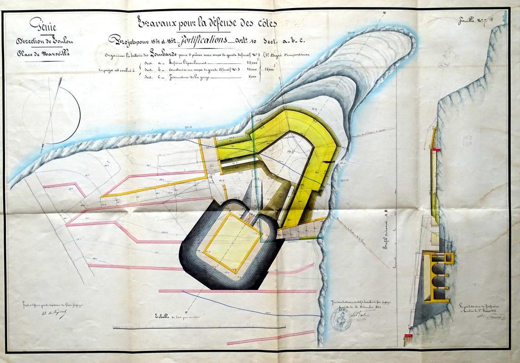 Travaux pour la défense des côtes. Projets pour 1851 et 1852. Organiser la batterie des Lombards. [Plan], 1850.