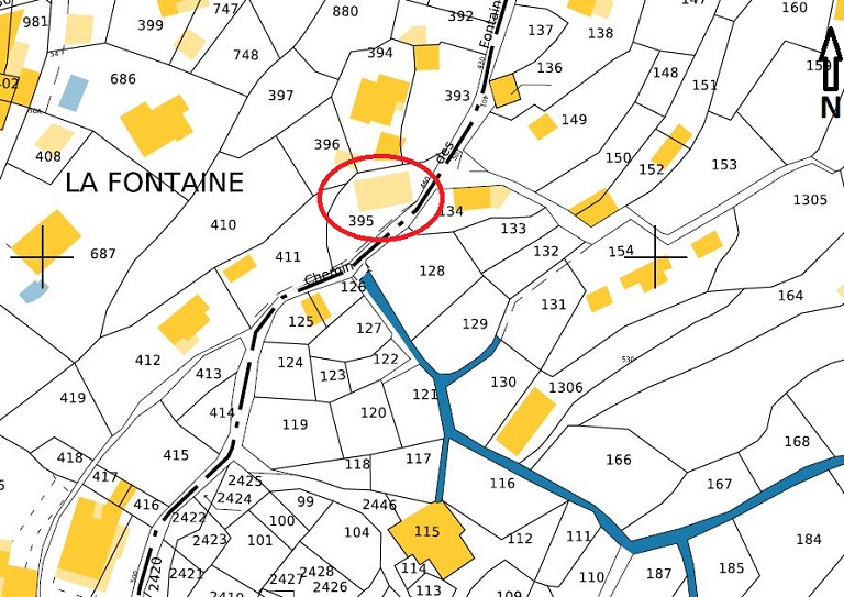 Plan de masse et de situation d'après le cadastre de 2024 (section D, parcelle 395).