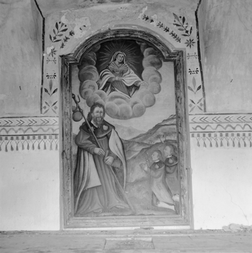 tableau, cadre : Saint Jacques imploré par deux pèlerins, et apparition de la Vierge des Sept Douleurs