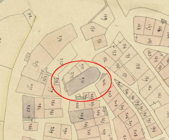 Plan de masse, d'après le cadastre de 1839 (section F1). Echelle d'origine 1/1 000e.