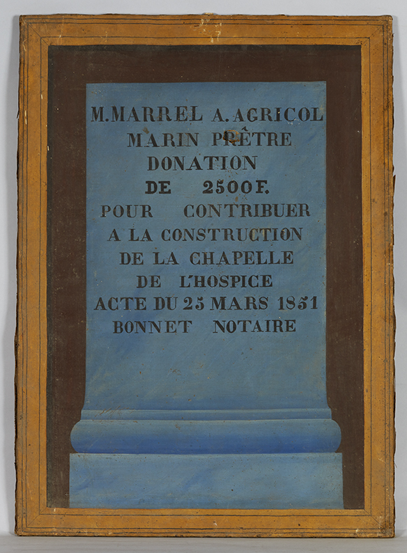 Tableau (donatif) N°63 : don d'Agricol Marin Marrel pour la construction de la chapelle de l'hospice de charité de L'Isle-sur-la-Sorgue, 1851. 