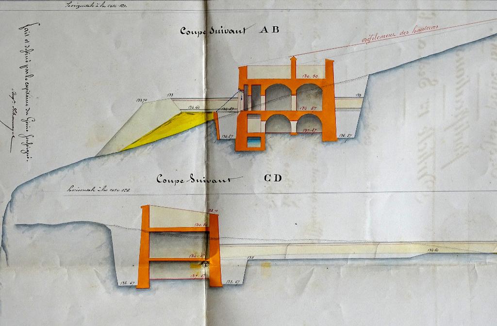 [Plan de projet de reconstruction de la batterie de Corbière pour 6 pièces], 1849. Détail.