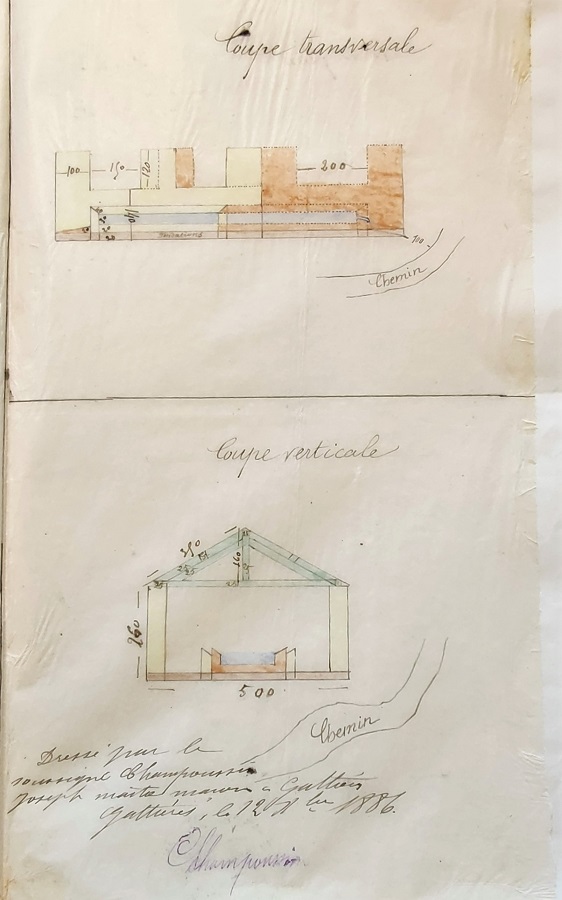 Dessin plan exécuté en vue de l’agrandissement et de la réfection du lavoir public de Gattières, 1886. Coupe transversale et coupe verticale. 