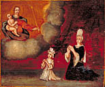 tableau, ex-voto : Femme et fillette en prière devant la Vierge à l'Enfant