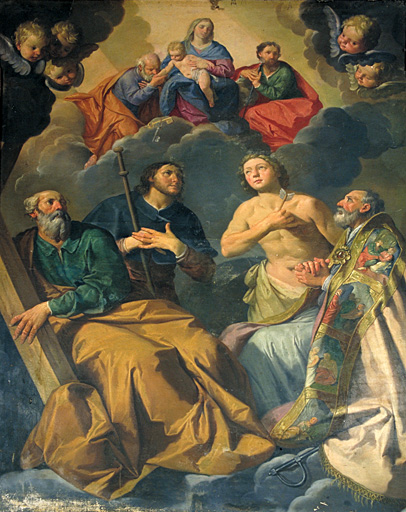 tableau (tableau d'autel) : Vierge à l'Enfant, saint Pierre et saint Paul, saints