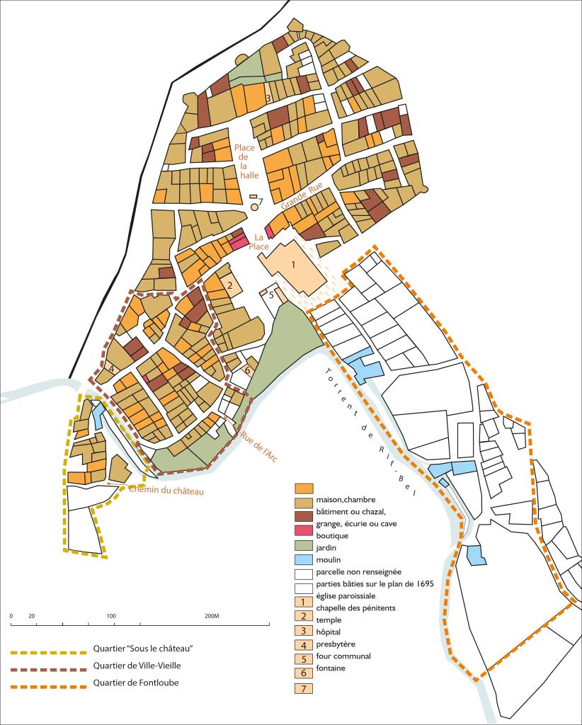 Restitution du bourg de Guillestre, à partir du cadastre de 1698 et du plan de Villeneuve (1695).