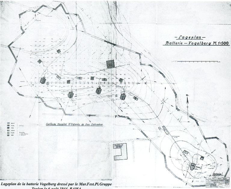 Lageplan- Batterie Vogelberg. [Plan général topographique de la batterie] 1944.