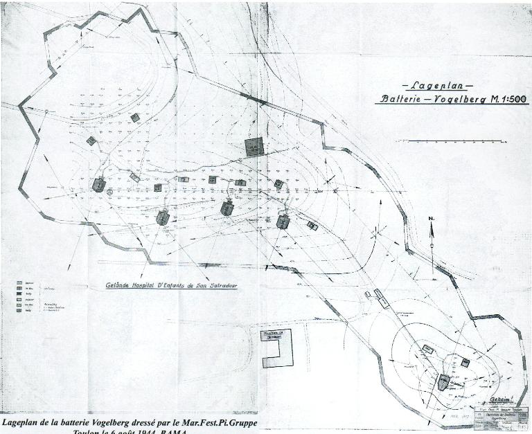 Lageplan- Batterie Vogelberg. [Plan général topographique de la batterie] 1944.