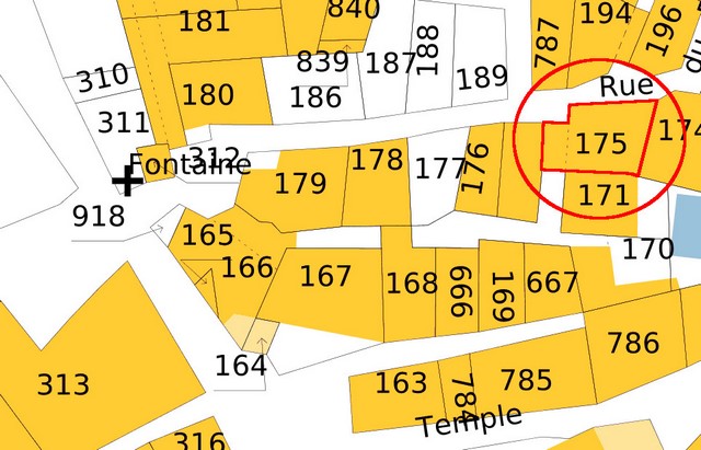 Plan de masse d'après le cadastre de 2021, section 000F. Echelle d'origine 1/500e.