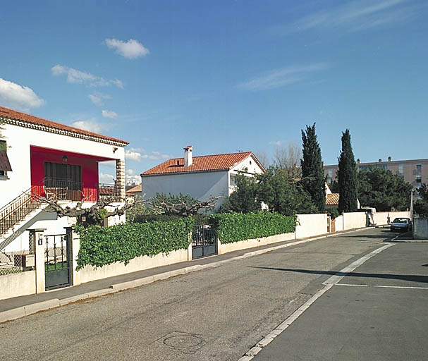 Fig. 01 - Bois François. Vue d'ensemble des maisons situées le long de la rue de la Paix.  A l'arrière-plan, un immeuble de l'ensemble le Vauban.