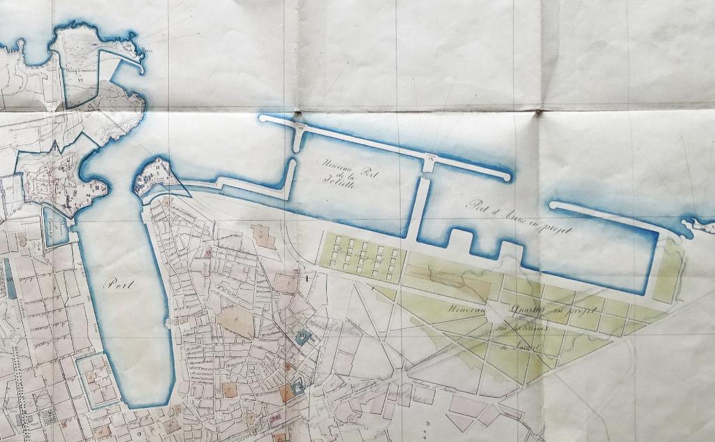 [Plan d'état des lieux de la ville de Marseille avec projets du port et nouveau quartier],1854.