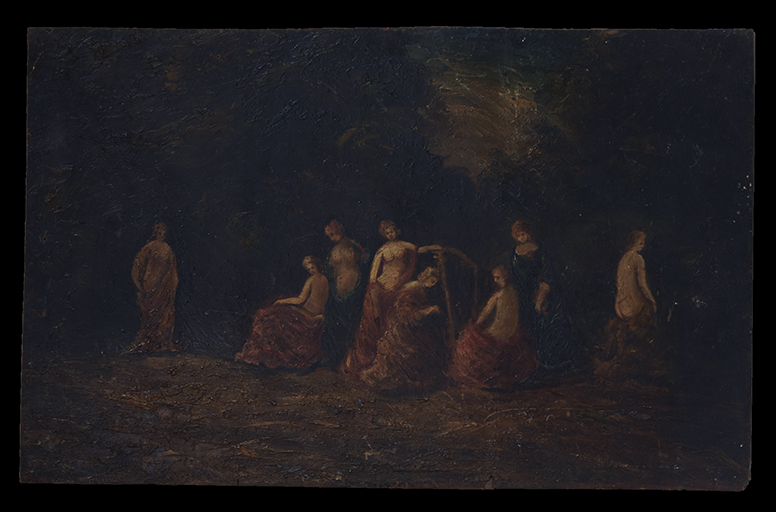 Ensemble de trois tableaux, cadres : Femmes à la harpe dans une clairière (n°1), "La leçon d'amour" (n°2), "Les Bergers" (n°3)