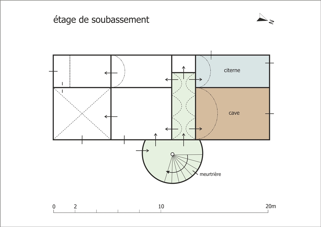 Val-de-Chalvagne. Château de Villevieille. Plan de l'étage de soubassement avec l'escalier en vis dans la tour demi hors-oeuvre.