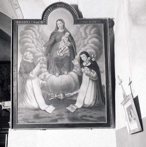 tableau : La Vierge et l'Enfant remettant le rosaire à saint Dominique de Guzman et à sainte Catherine de Sienne.