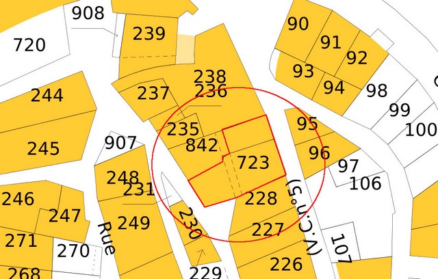 Plan de masse d'après le cadastre de 2021, section 000F. Echelle d'origine 1/500e.