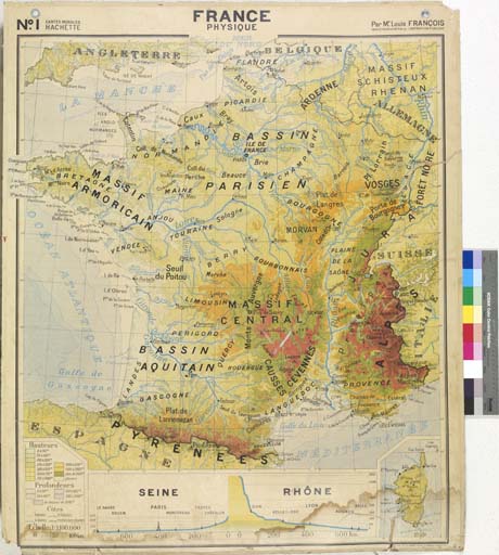 carte murale : France physique, voies ferrées et navigables