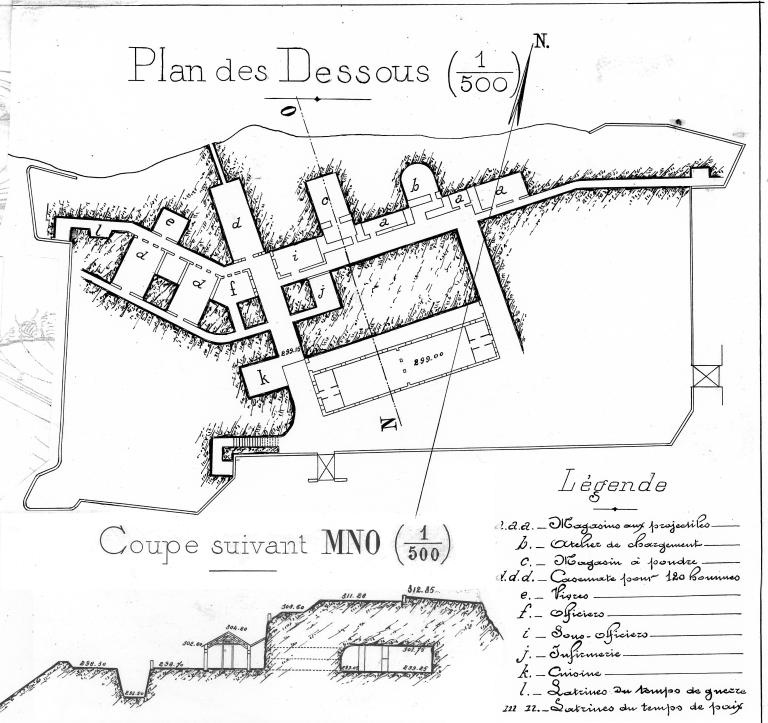 Plan des dessous. [Ouvrage de la pointe ouest du Cerveau : plan des souterrains-caverne et du bâtiment de casernement] [1889].